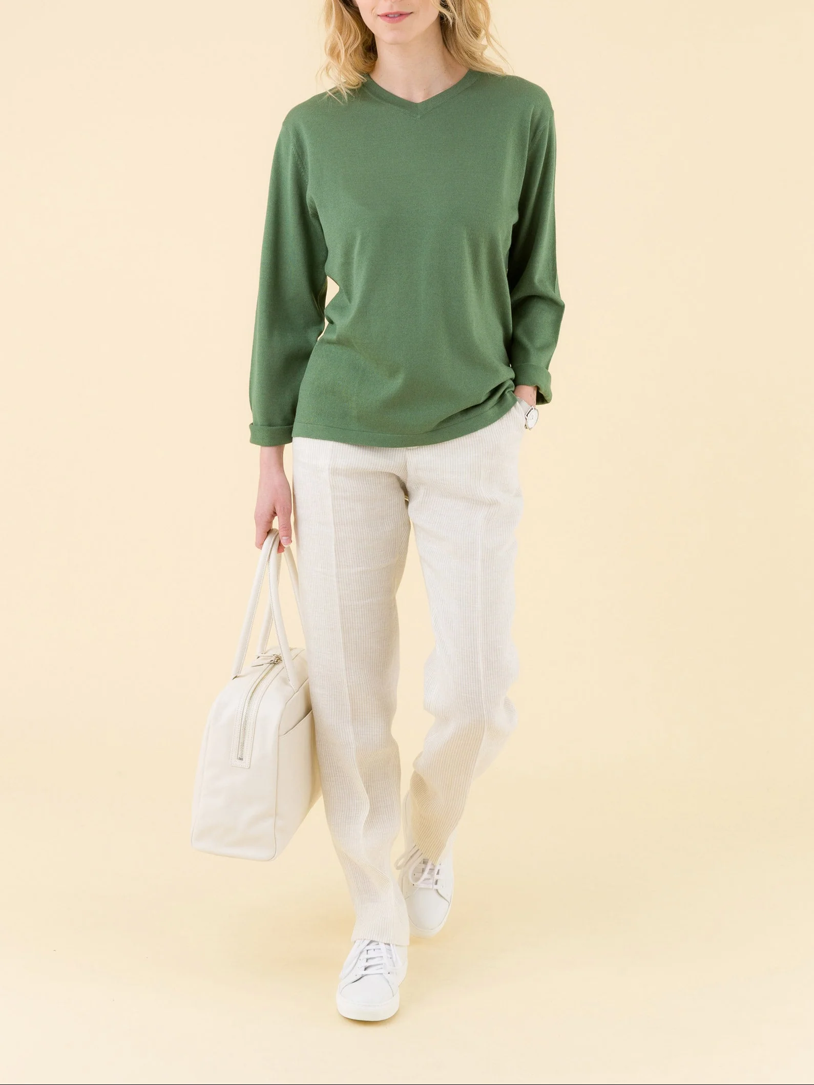 Pull Petit V En Coton Manches Longues Vert - Femme
