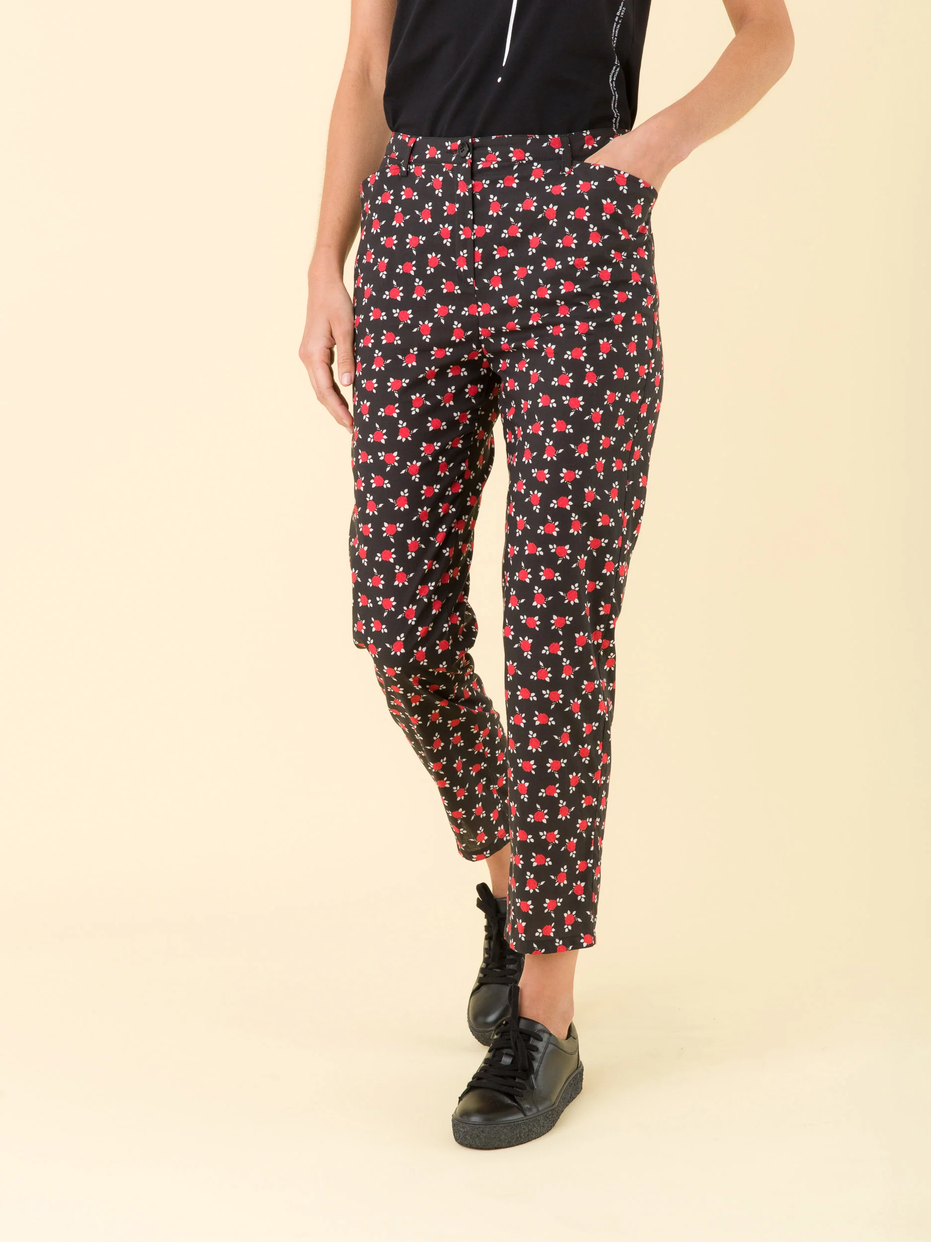 Pantalon Elvy En Coton Imprimé Noir, Rouge Et Blanc - Femme