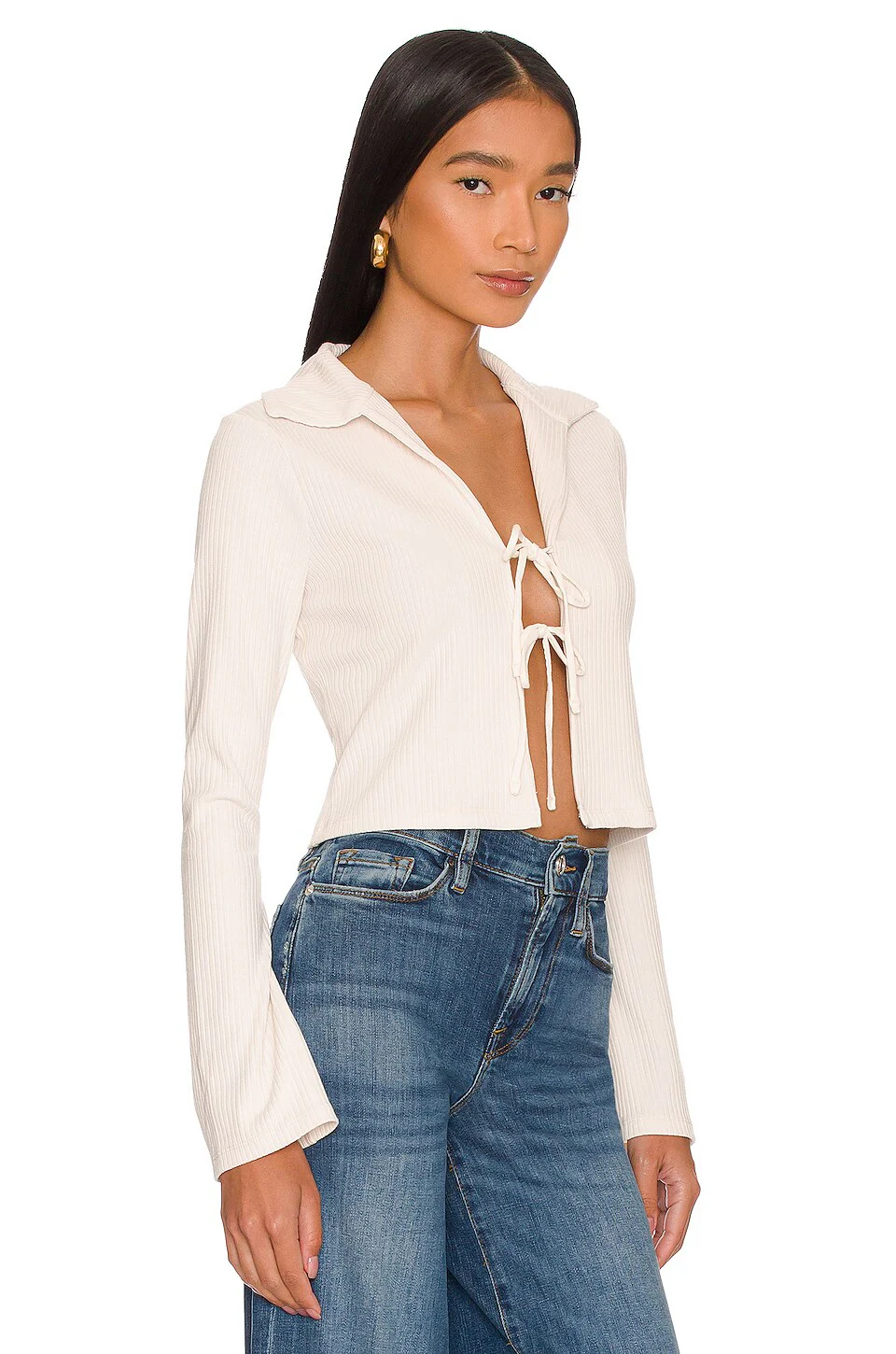 Top Bell Sleeve Rib Polo - Bone - Image 2