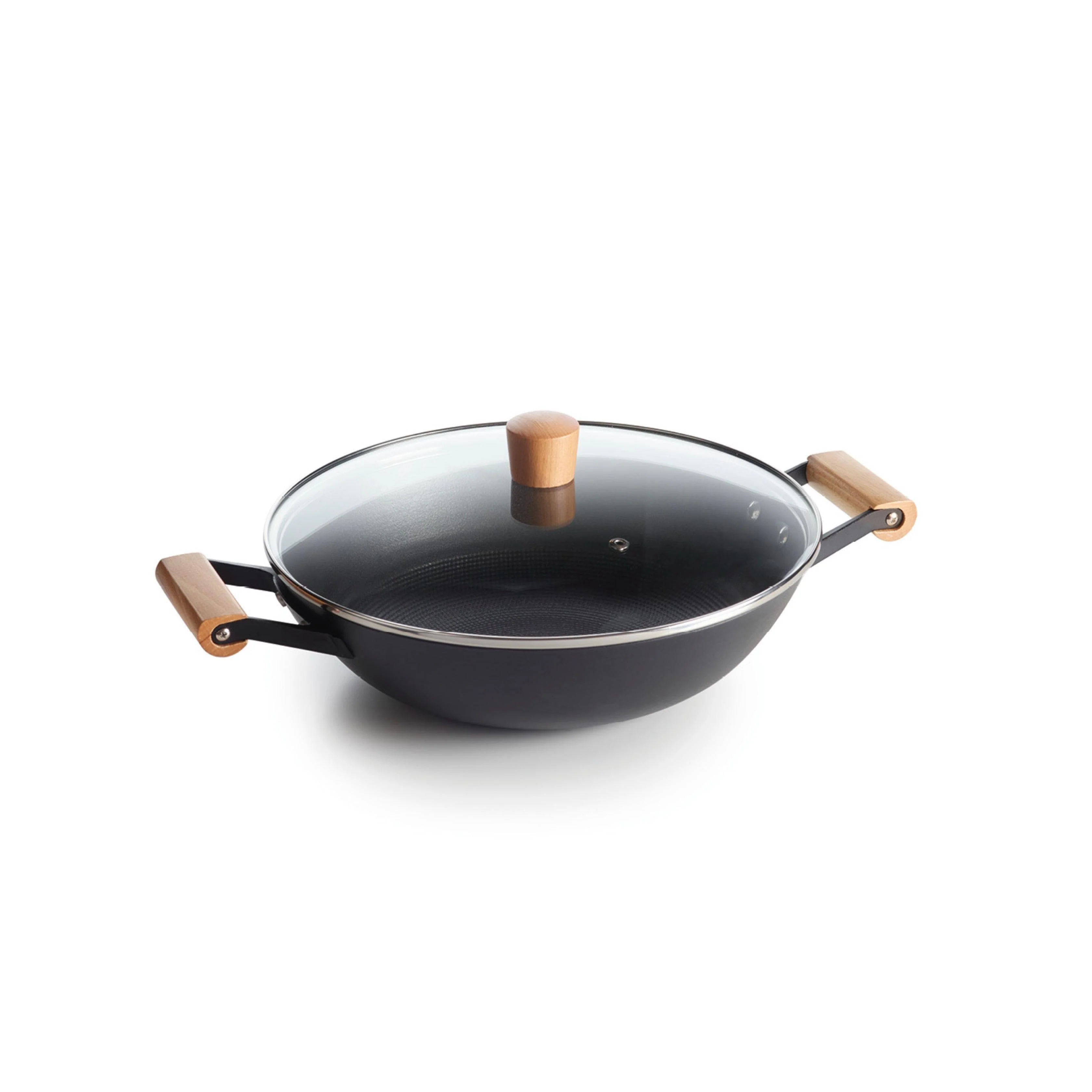 Wok En Fonte Structure Nid D'Abeille Avec Poignées En Bois - Noir - Image 3