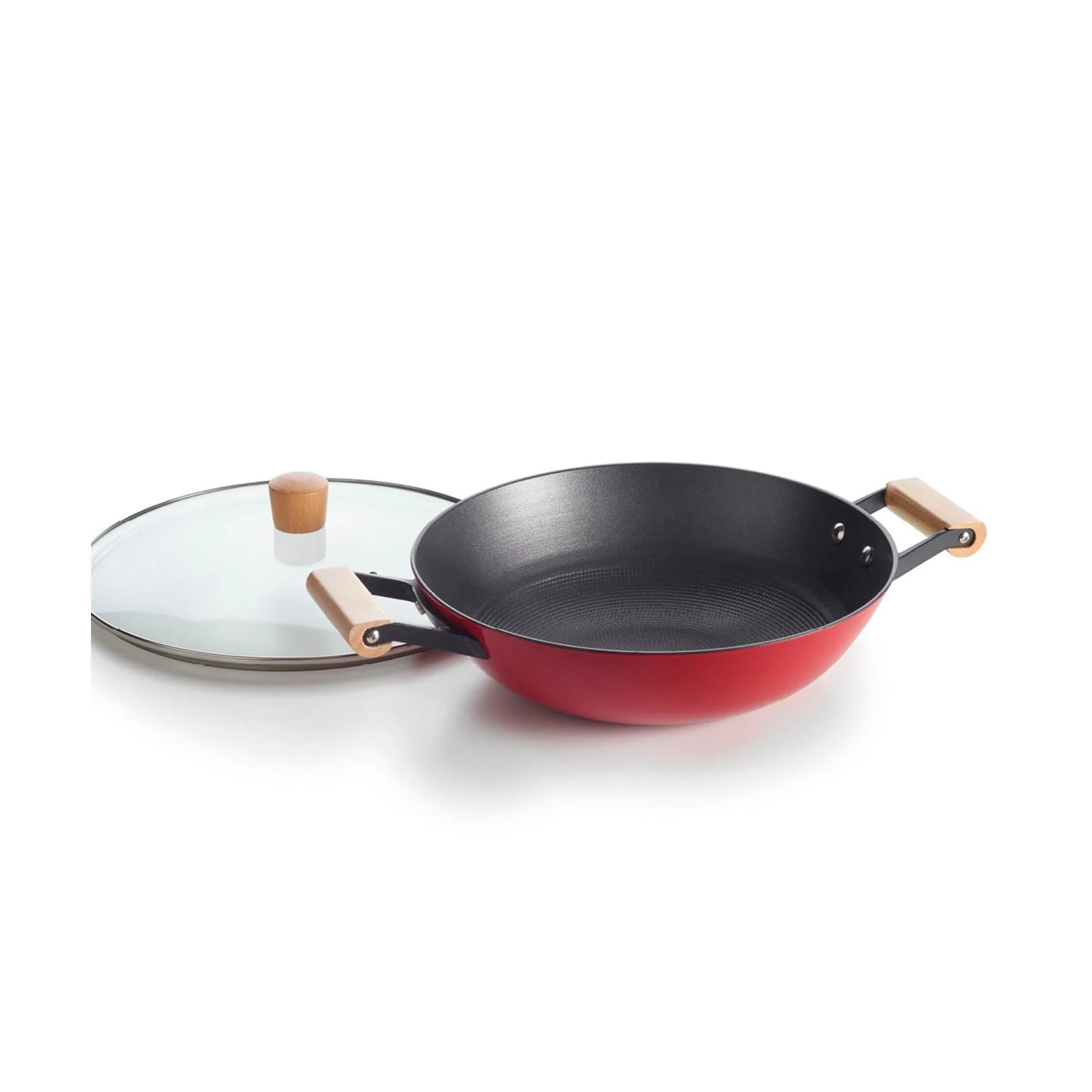 Wok En Fonte Structure Nid D'Abeille Avec Poignées En Bois - Rouge - Image 3