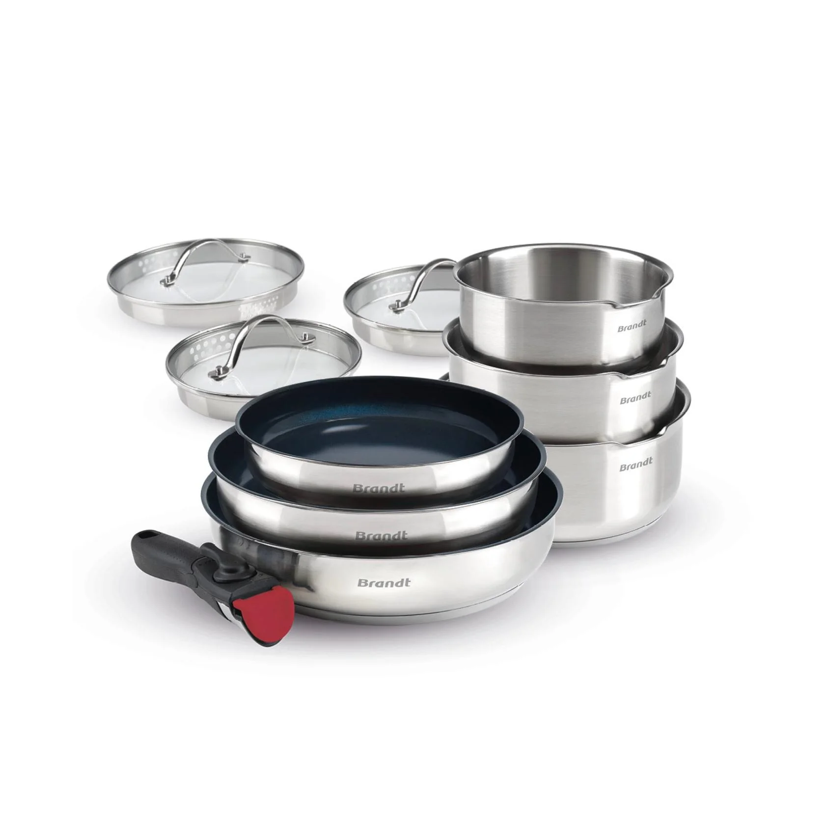 Set De 3 Casseroles En Inox + 3 Poêles Avec Revêtement Anti-Adhérent + 1 Poignée Amovible + 3 Couvercles Passoires Avec Manche En Inox - Argenté/Noir/Rouge - Image 2
