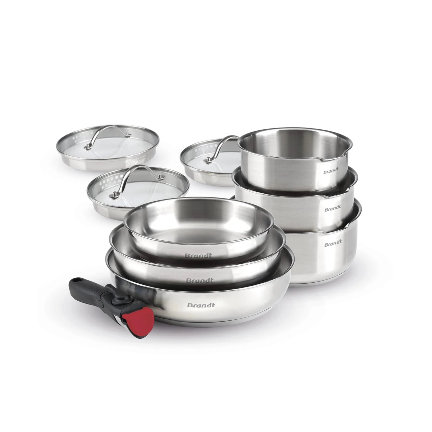 Set De 3 Casseroles En Inox + 3 Poêles + 1 Poignée Amovible + 3 Couvercles Passoires Avec Manche En Inox - Argenté/Noir/Rouge - Image 2