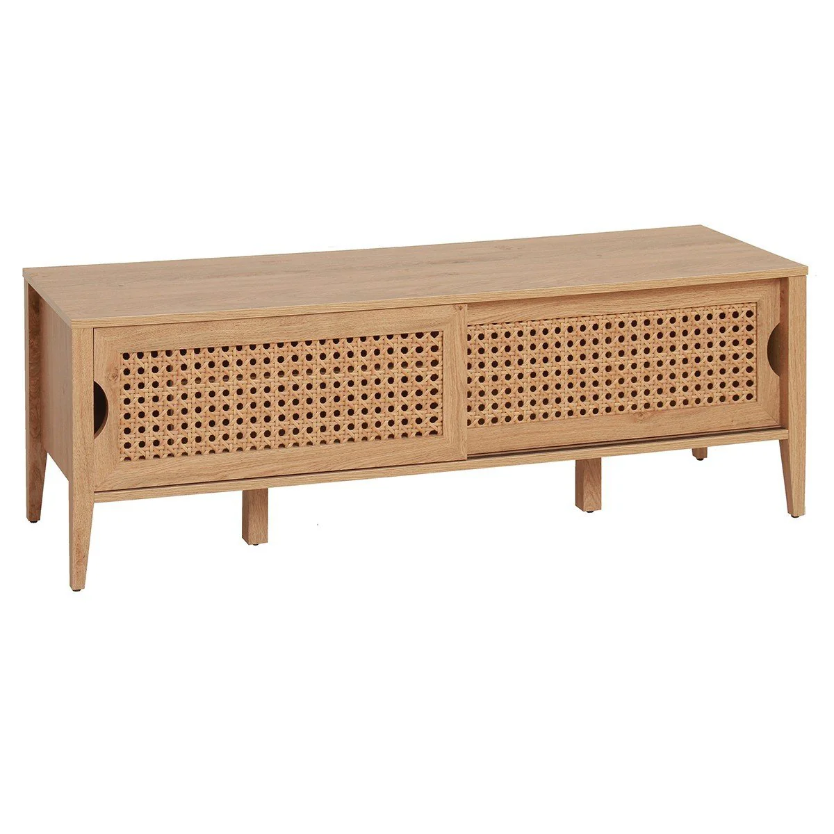 Meuble Tv Avec 2 Portes Coulissantes Décor Rotin - Bois Clair - Image 3