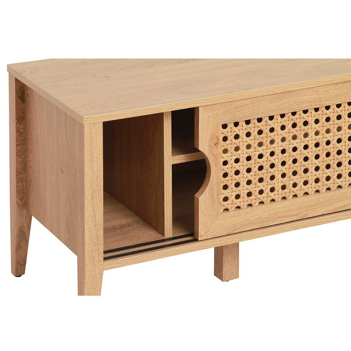 Meuble Tv Avec 2 Portes Coulissantes Décor Rotin - Bois Clair - Image 4