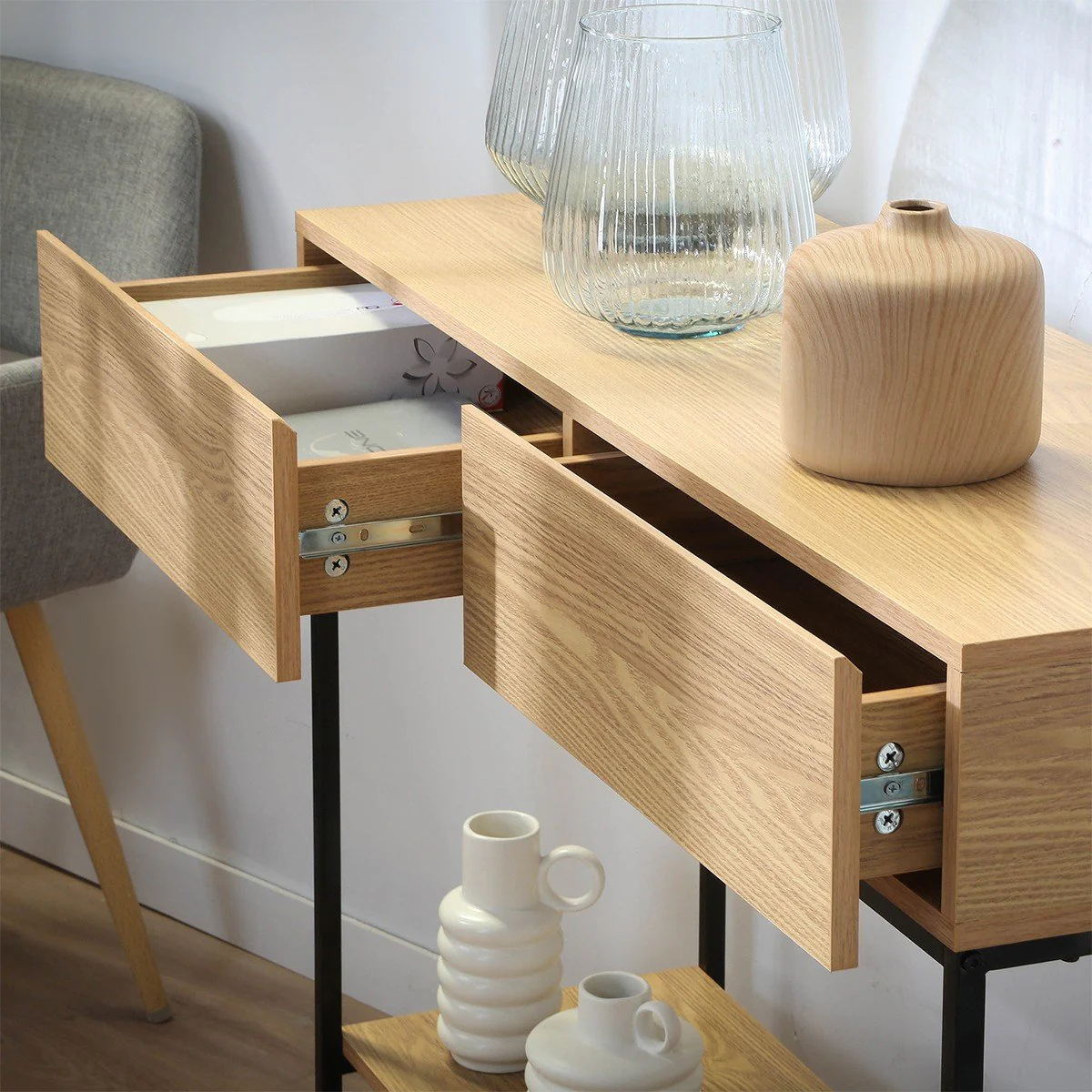 Tessa - Console 2 Tiroirs 1 Tablette Décor Bois - Bois Clair - Image 3