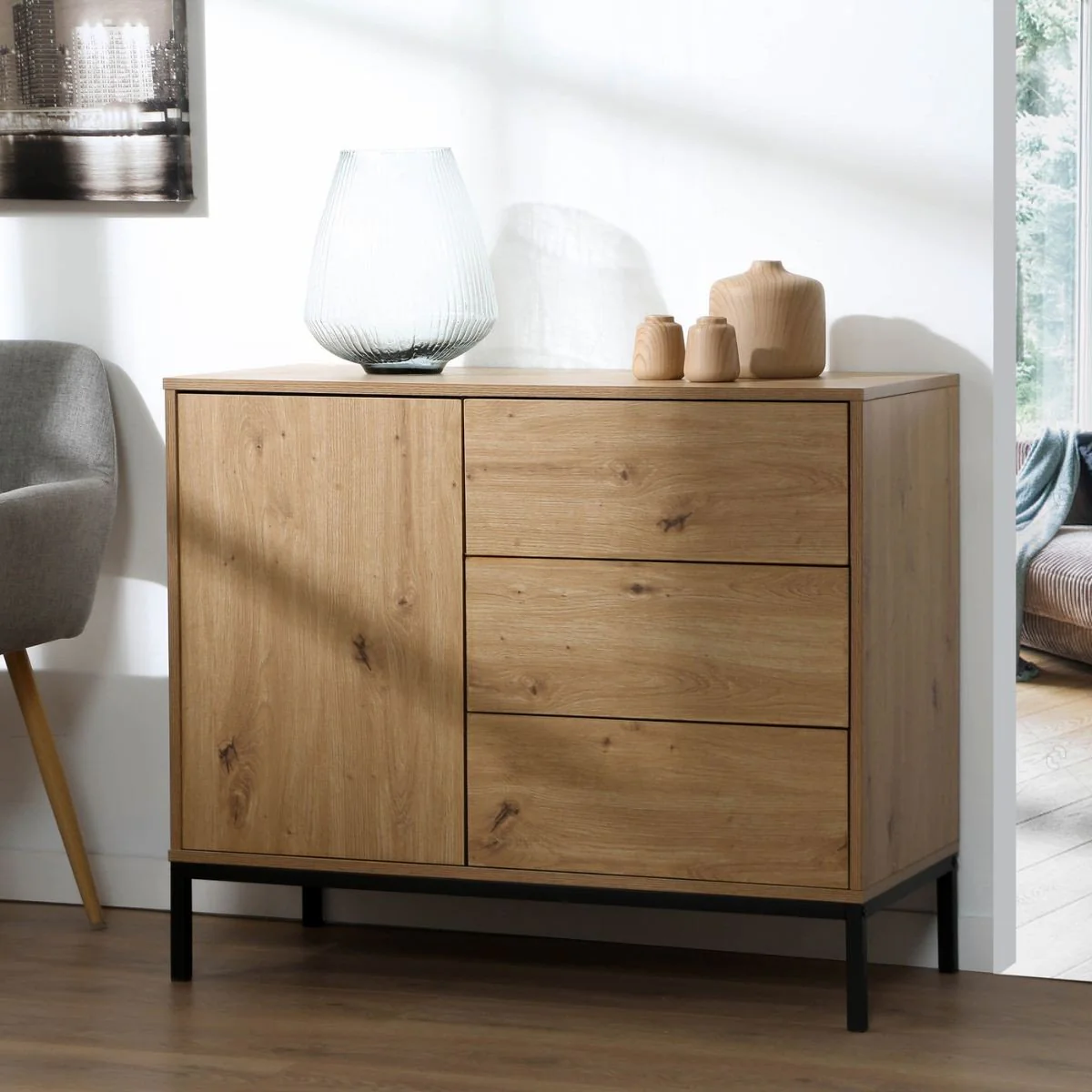 Lenny - Commode 1 Porte 3 Tiroirs Décor Chêne - Chêne