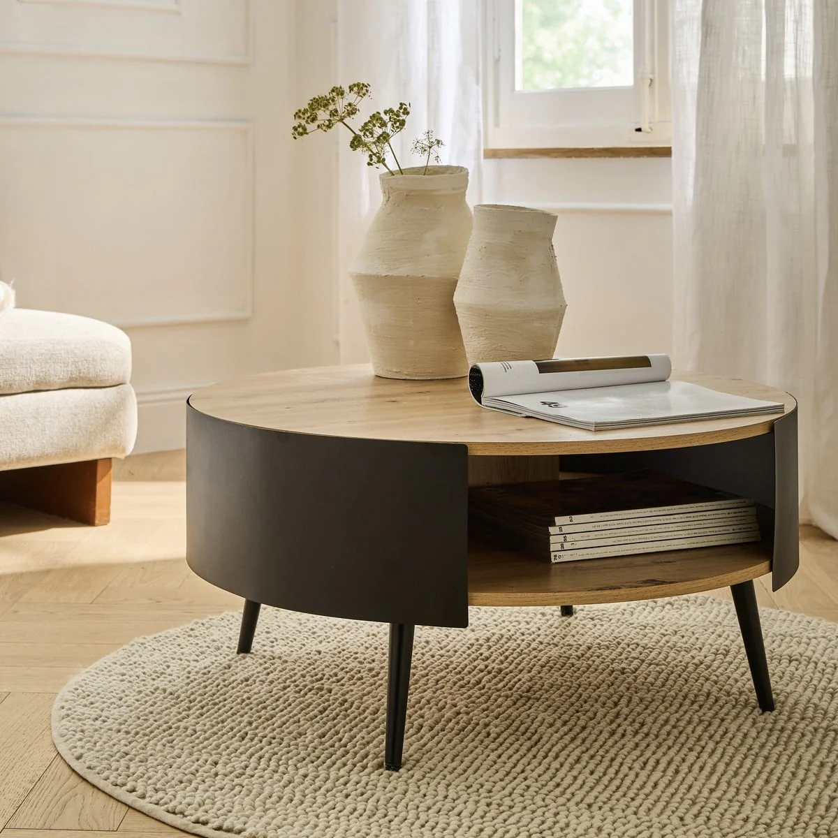 Eklo - Table Basse Ronde 2 Niveaux Flancs Métal Noir - Chêne