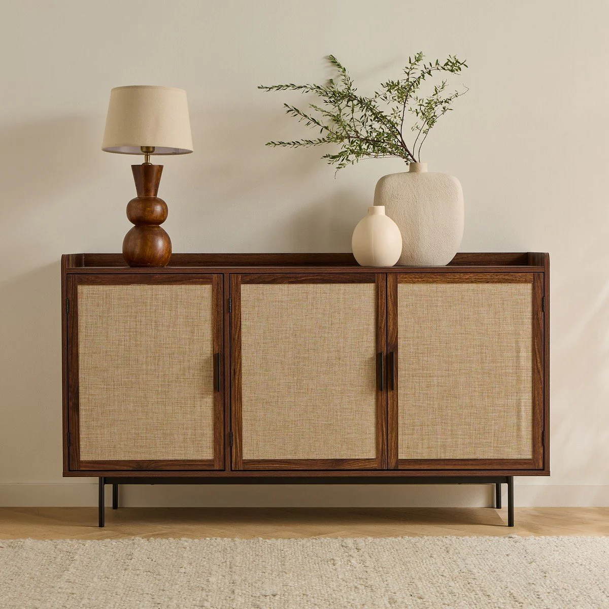 Jetson - Buffet 3 Portes Décor Noyer Avec Façades En Tissu - Bois Foncé
