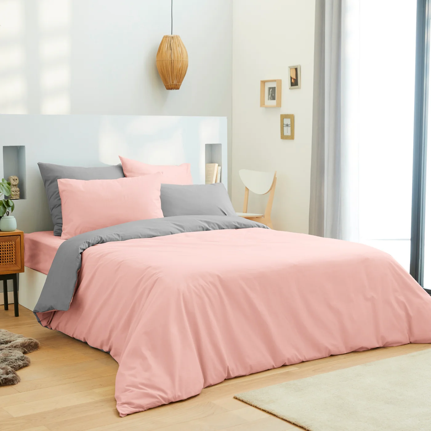 Pack Housse De Couette - 100% Coton - Rose/Gris