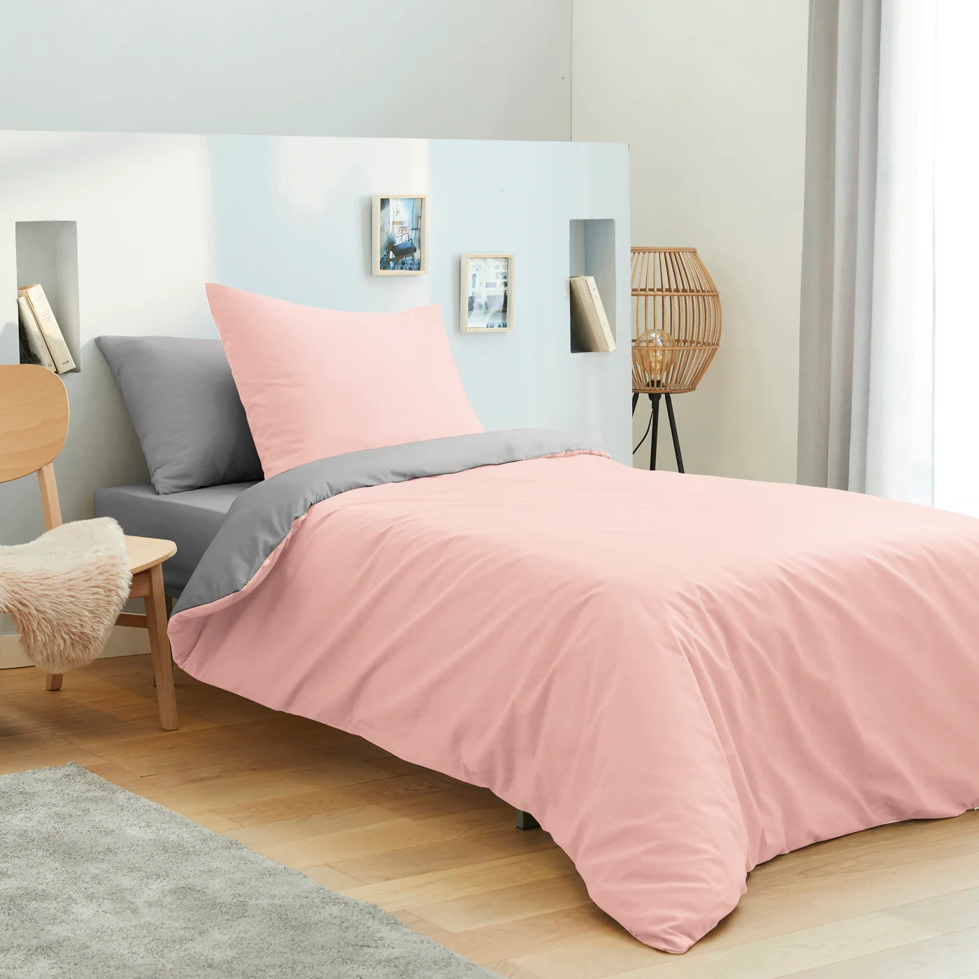 Pack Housse De Couette - 100% Coton - Rose/Gris - Image 2