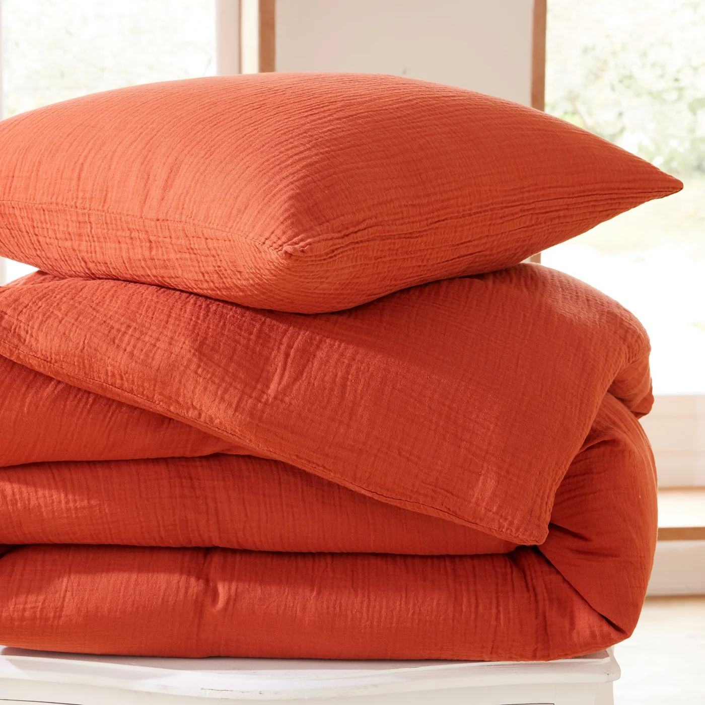 Parure De Couette (Housse + Taies D'Oreiller) - 100% Gaze De Coton - Orange - Image 4