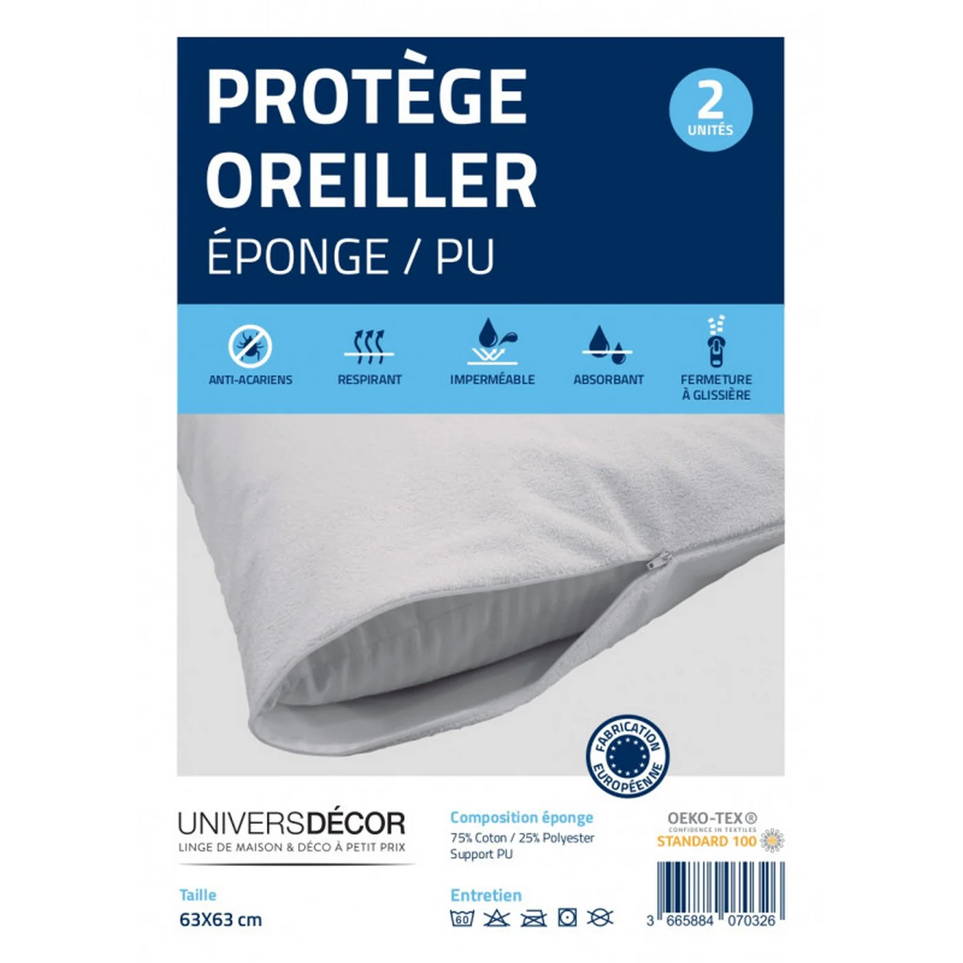 Lot De 2 Protèges Oreiller - Éponge Imperméable Anti-Acariens - Blanc - Image 8