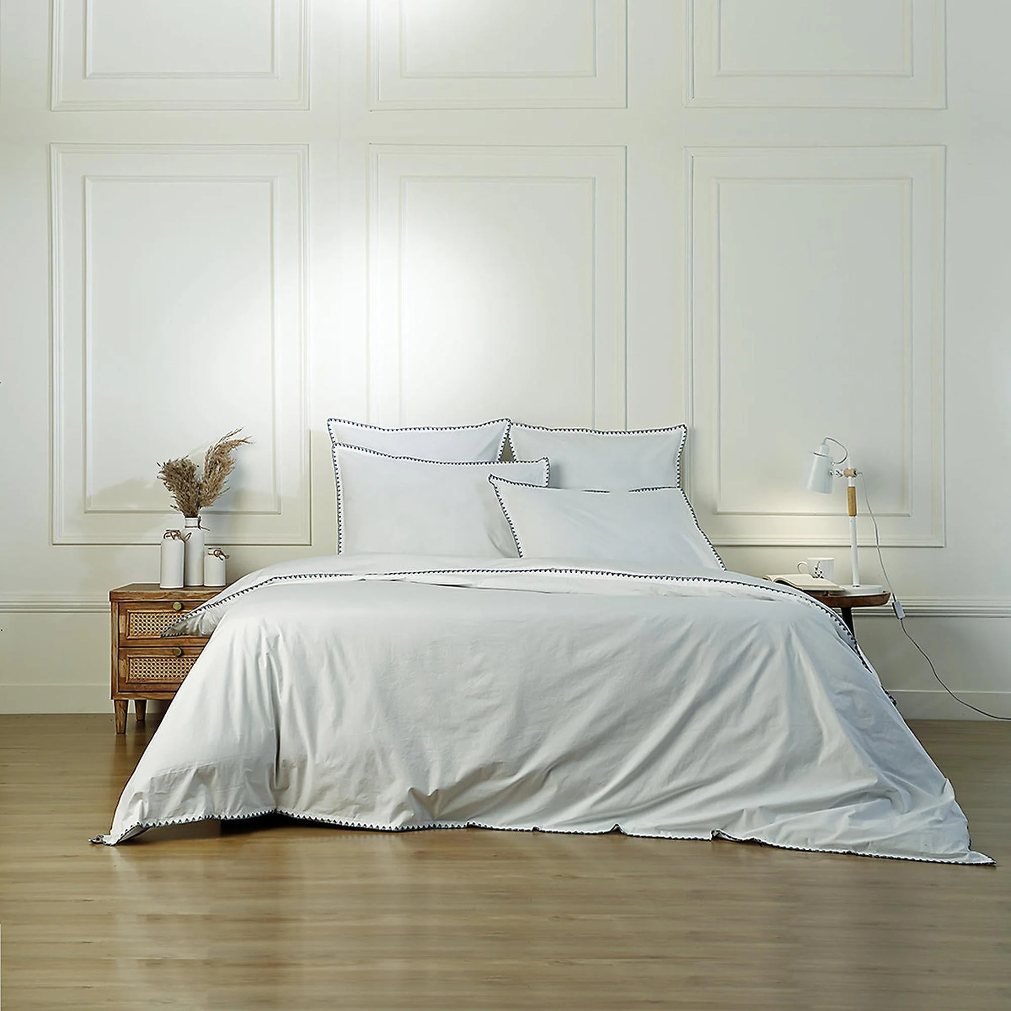 Drap Plat Zoé - Blanc / Bleu Denim - Percale De Coton - Image 3
