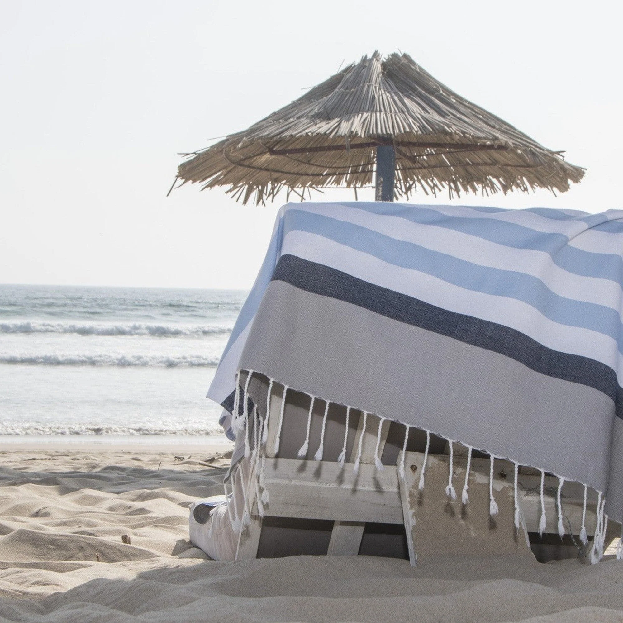 Fouta Tricolore Arcachon - Bleu Ciel - Coton - Image 2