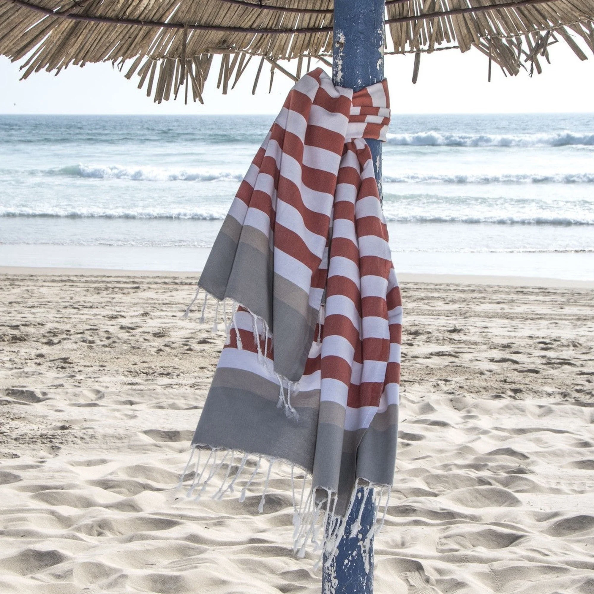 Fouta Tricolore Arcachon - Terracotta / Taupe Clair - Coton - Image 2