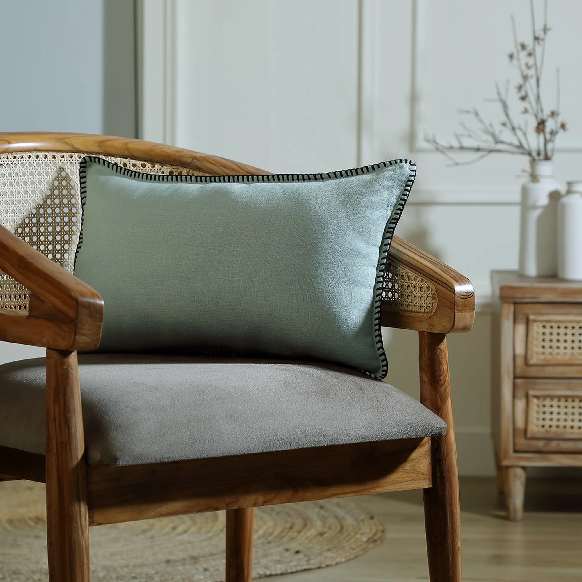 Housse De Coussin Maxime - Vert Céladon / Noir - Lin Lavé