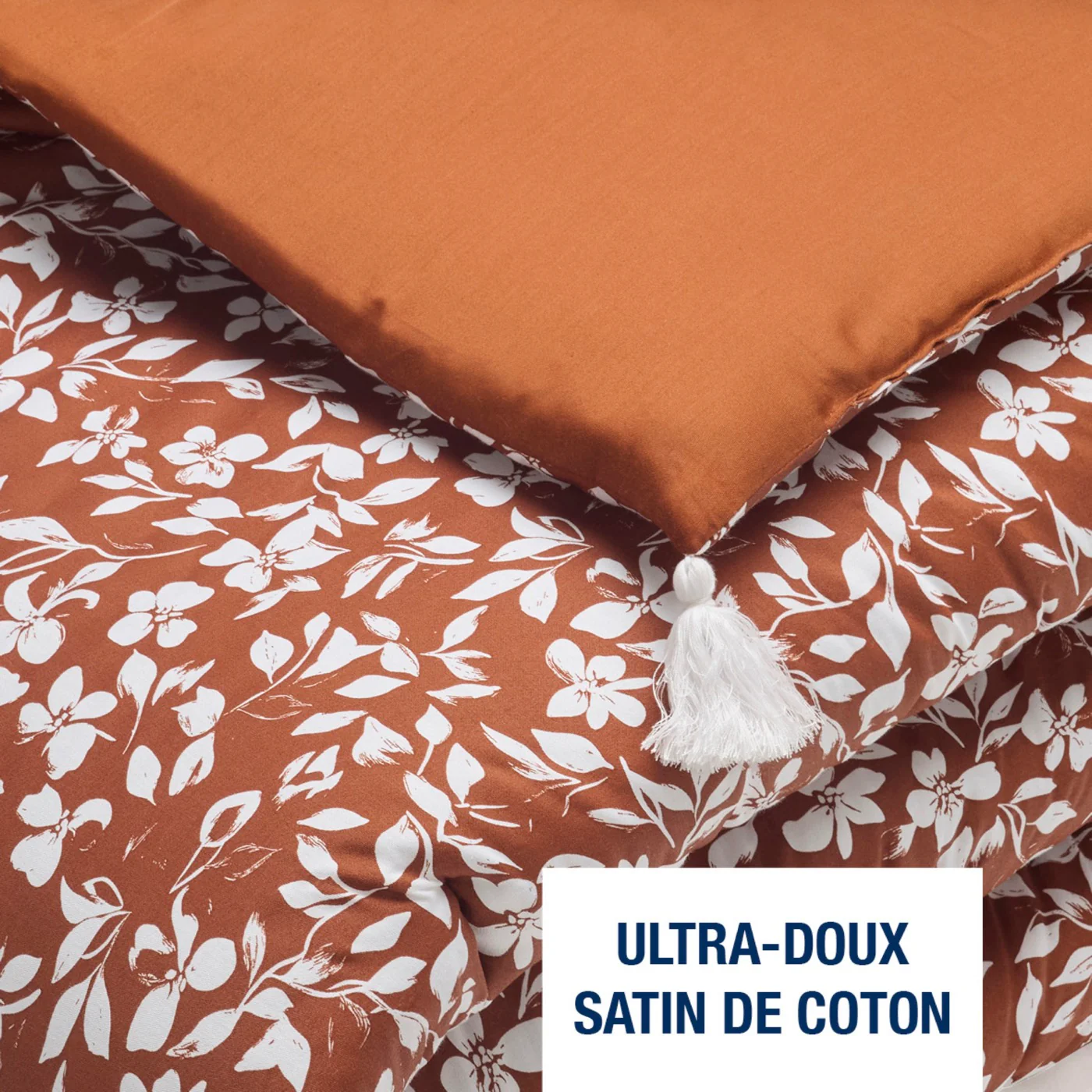 Édredon Avec Glands Satin De Coton - Fleurs Minimalistes - Terracotta - Image 3