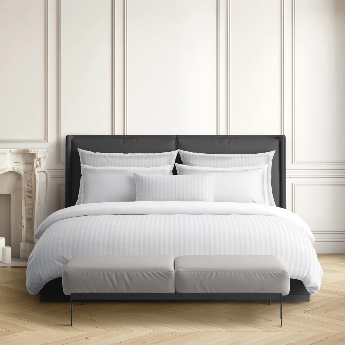 Housse De Couette + Taie D'Oreiller Satin De Coton Rayure Tissé Dobby - Blanc