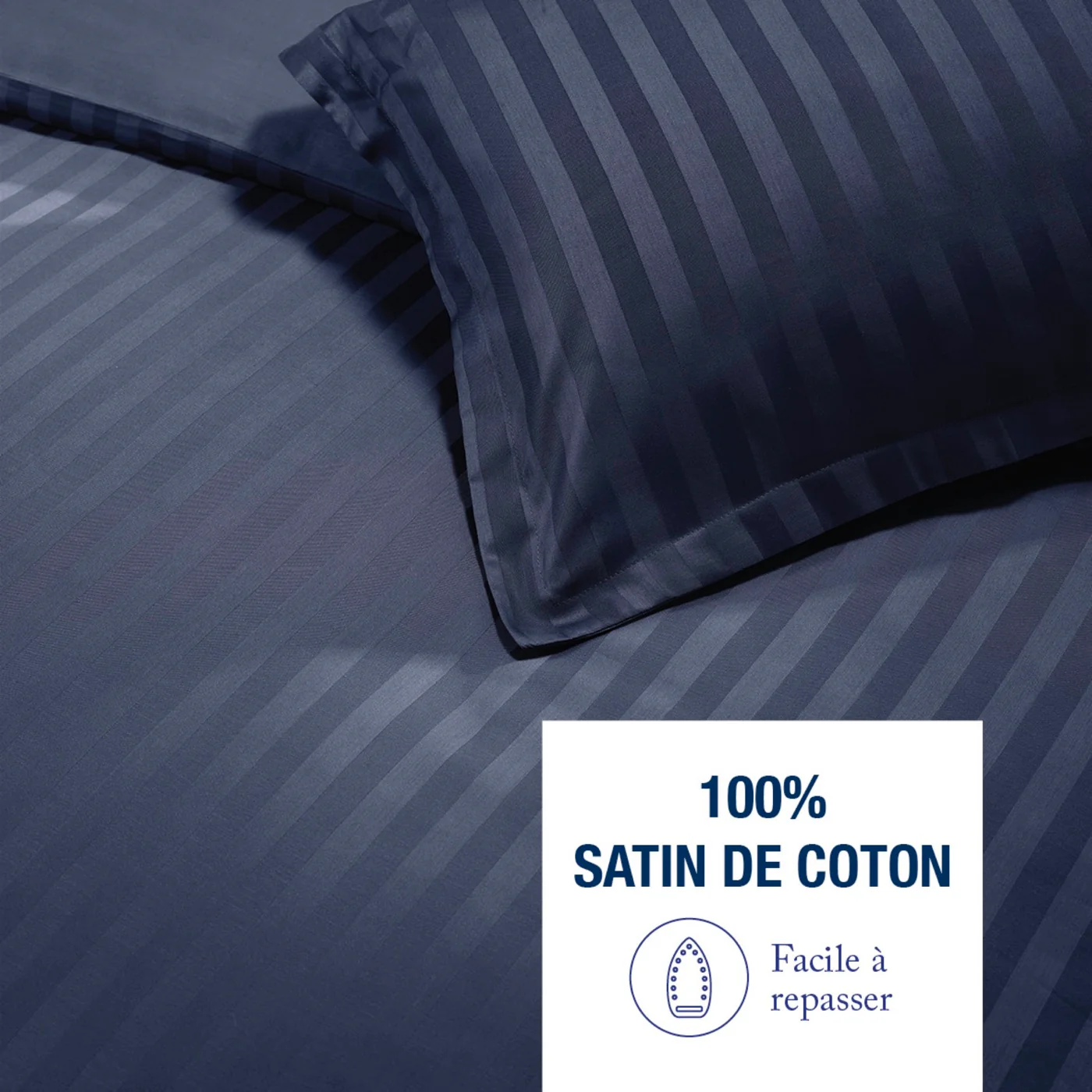 Housse De Couette + Taie D'Oreiller Satin De Coton Rayure Tissé Dobby - Bleu Foncé - Image 3