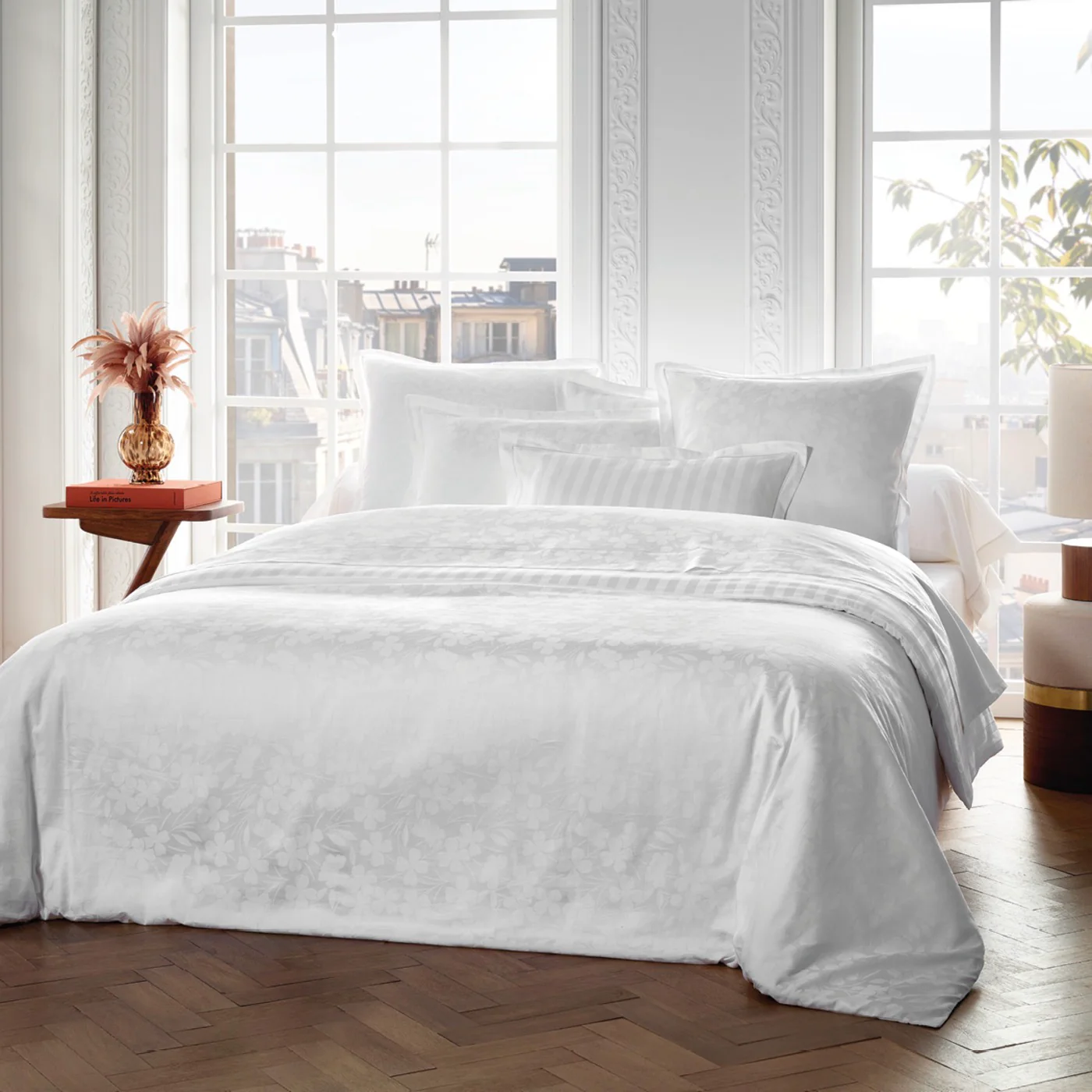 Housse De Couette + 2 Taies D'Oreiller Satin De Coton Tissé Jacquard - Cresson De Fontaine - Blanc