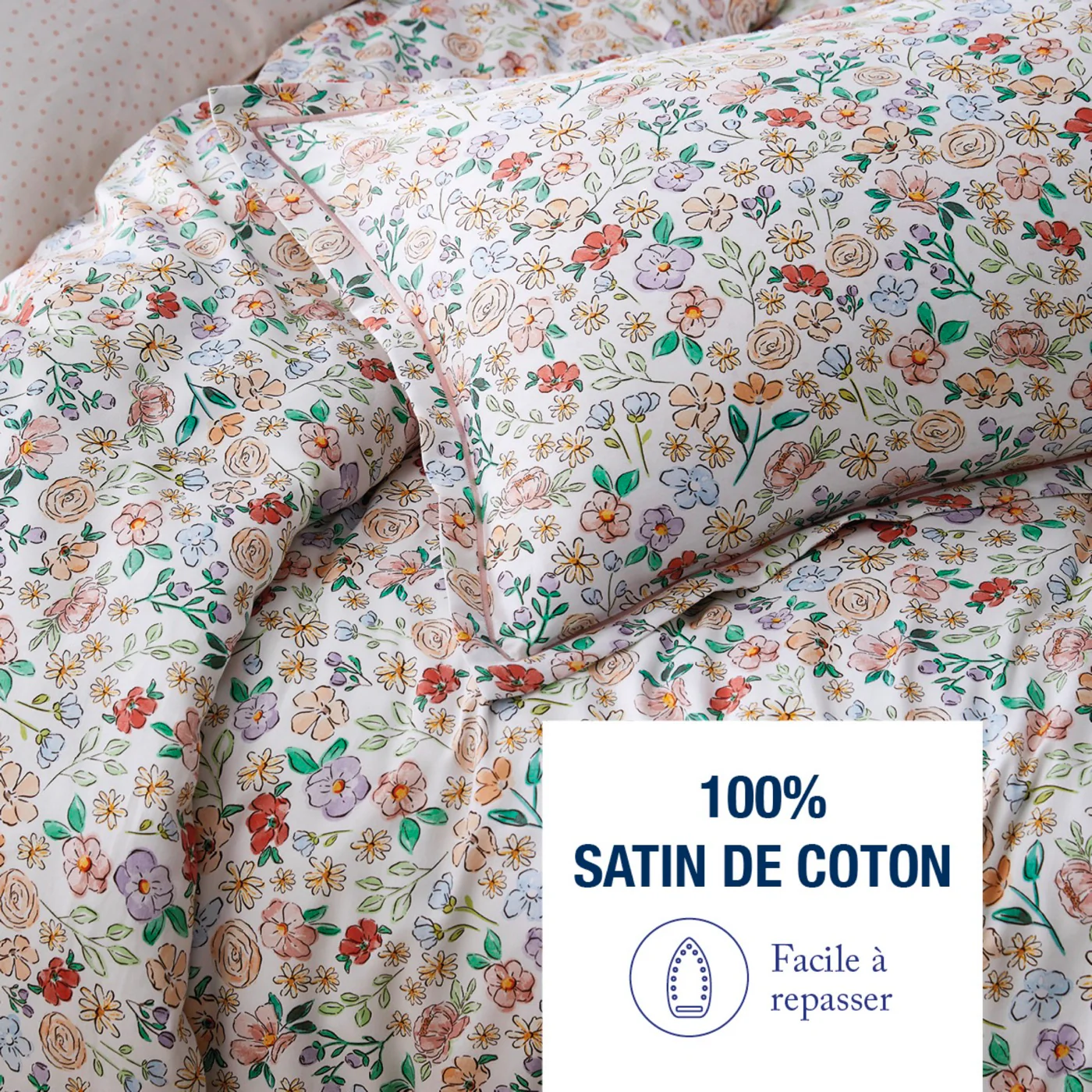 Housse De Couette + 2 Taies Satin De Coton - Prairie Fleurie - Blanc - Image 3