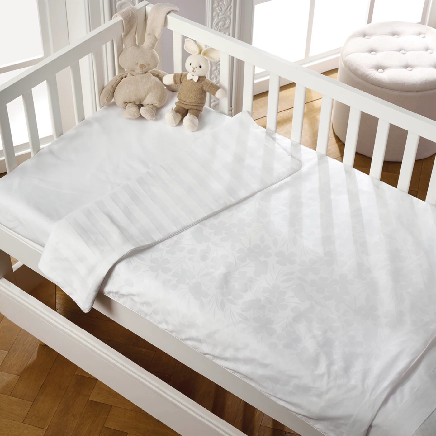 Housse De Couette + Taie D'Oreiller Bébé Satin De Coton Tissé Jacquard - Cresson De Fontaine - Blanc - Image 4