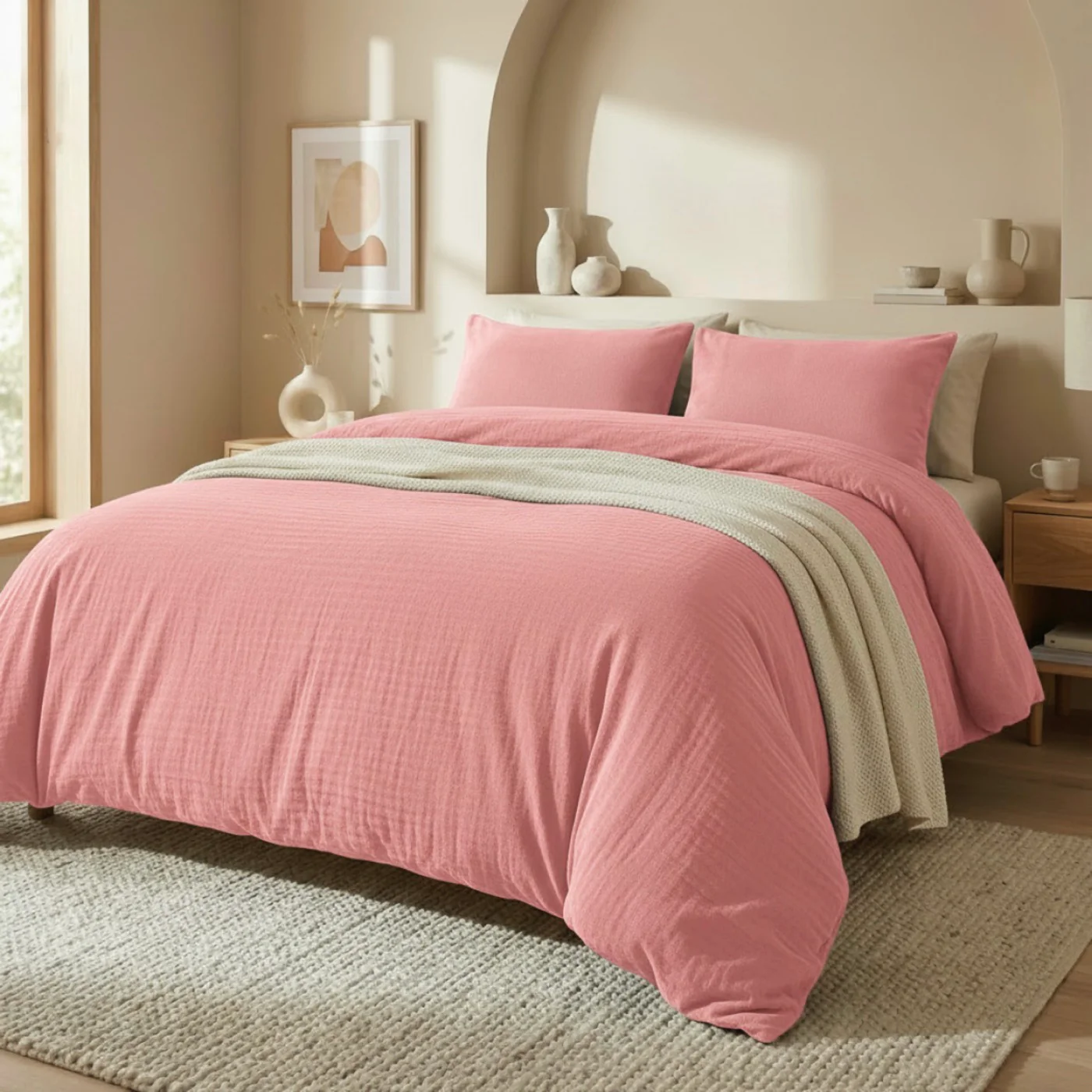 Housse De Couette + Taie D'Oreiller Gaze De Coton - Uni - Rose 06 - Image 3
