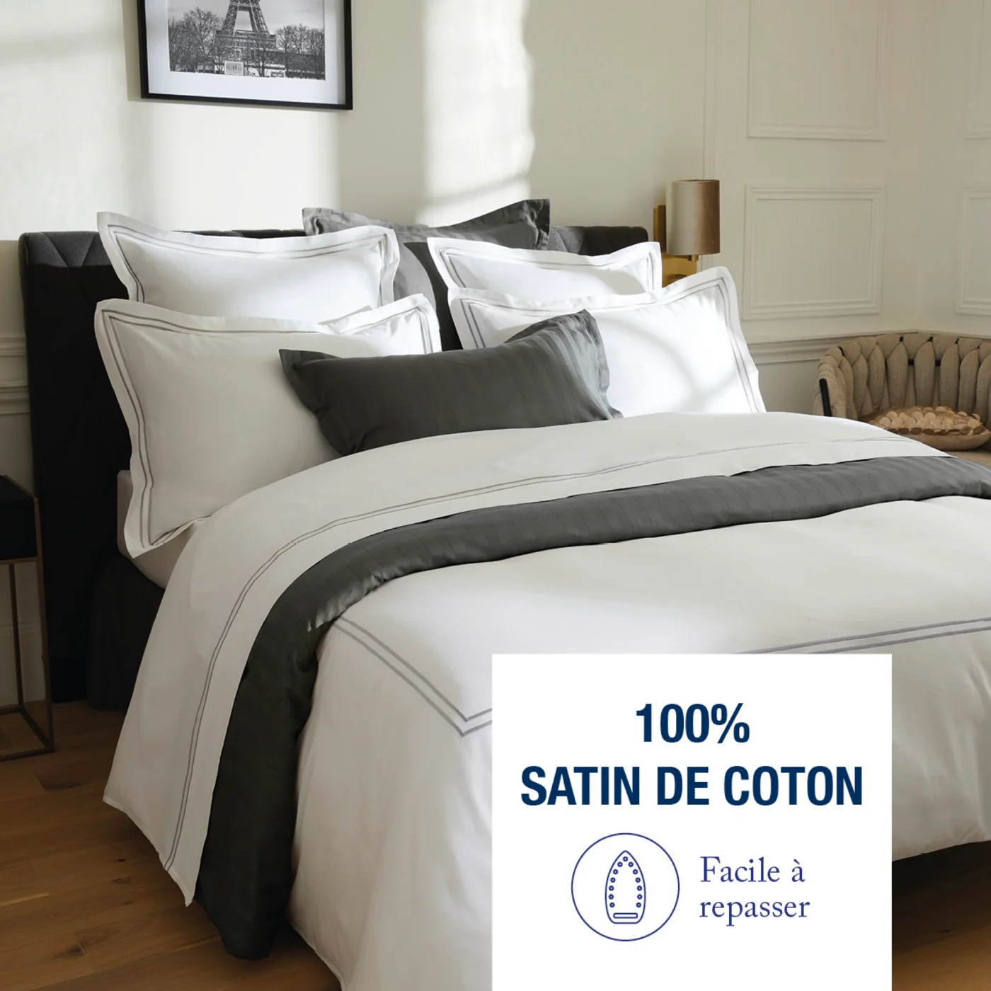 Housse De Couette + Taie D'Oreiller Satin De Coton - Antibes - Gris / Blanc - Image 2