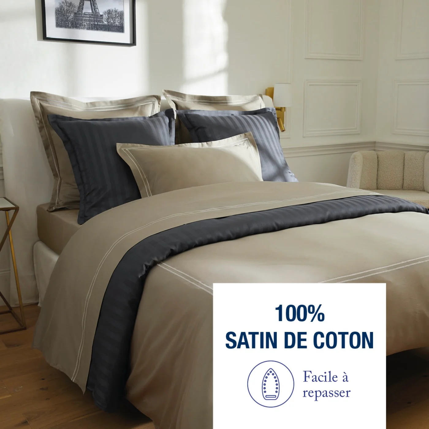 Housse De Couette + Taie D'Oreiller Satin De Coton - Antibes - Taupe / Taupe - Image 2