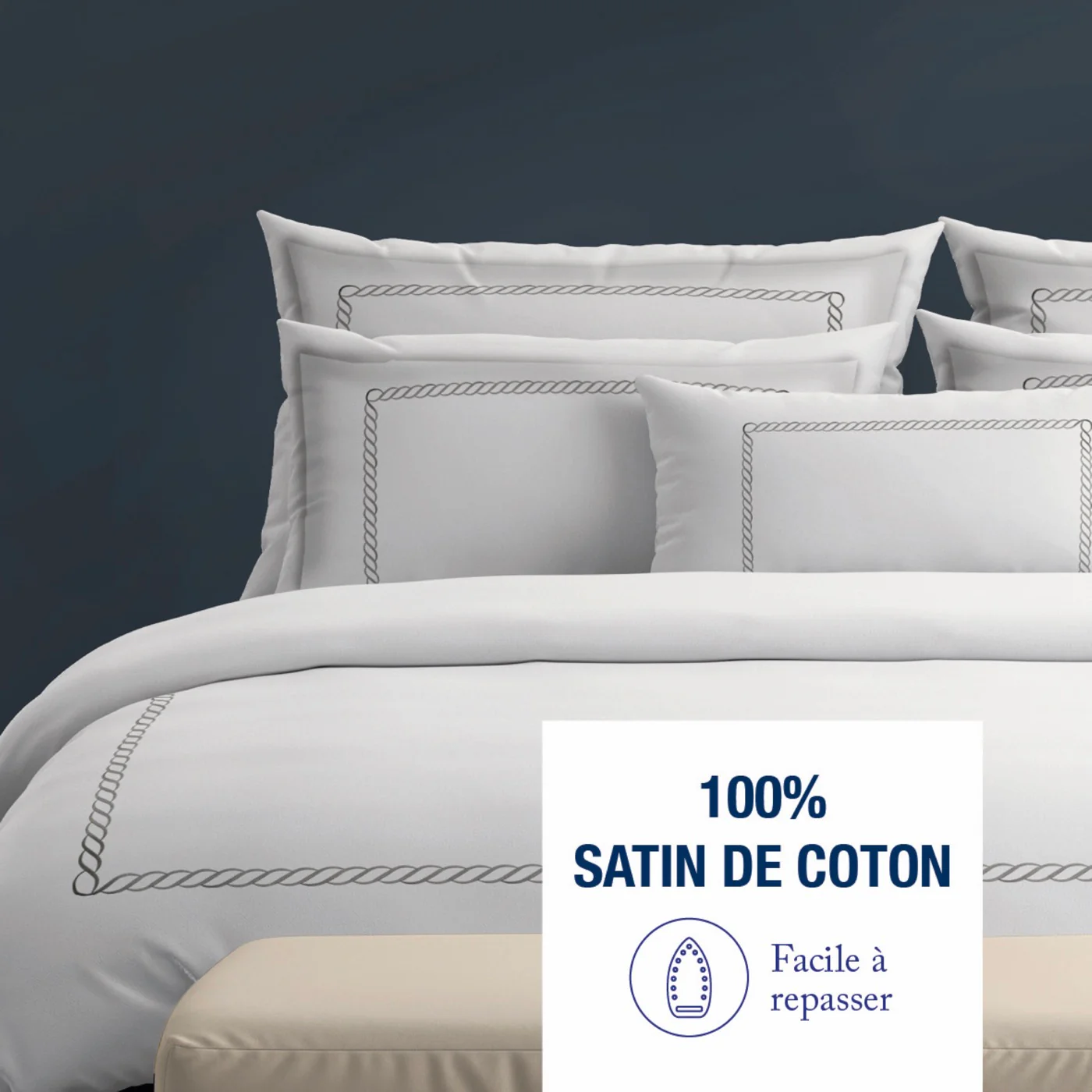 Housse De Couette + Taie D'Oreiller Satin De Coton - Eclat De Soie - Gris / Blanc - Image 3