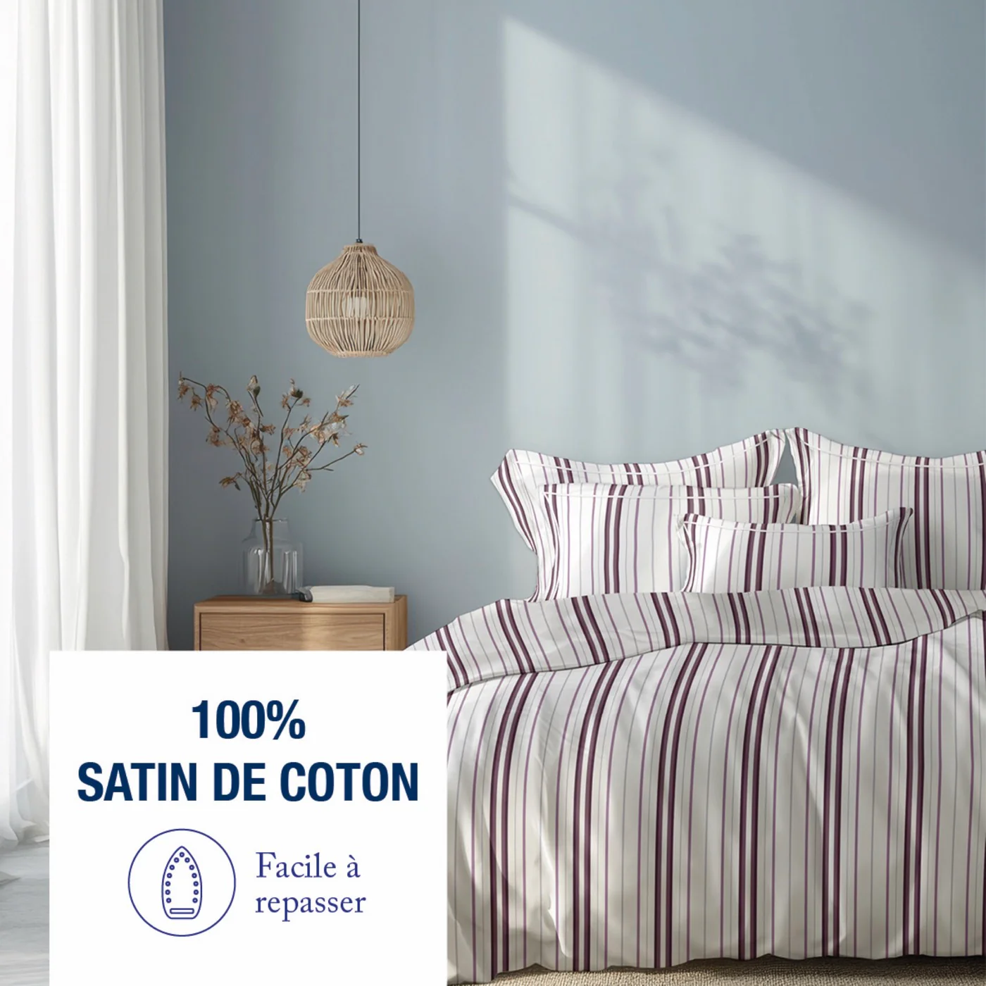 Housse De Couette + Taie D'Oreiller Satin De Coton - Elsa - Mauve / Blanc - Image 2