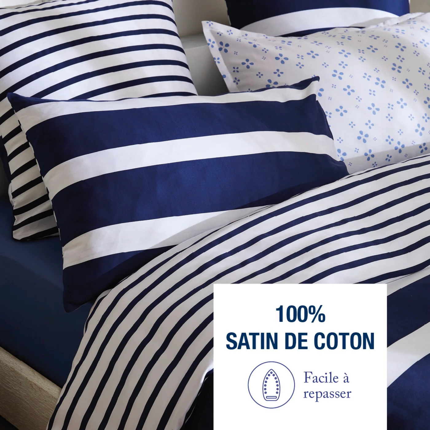 Set De 2 Taies D'Oreiller Satin De Coton - Marinière - Bleu - Image 6