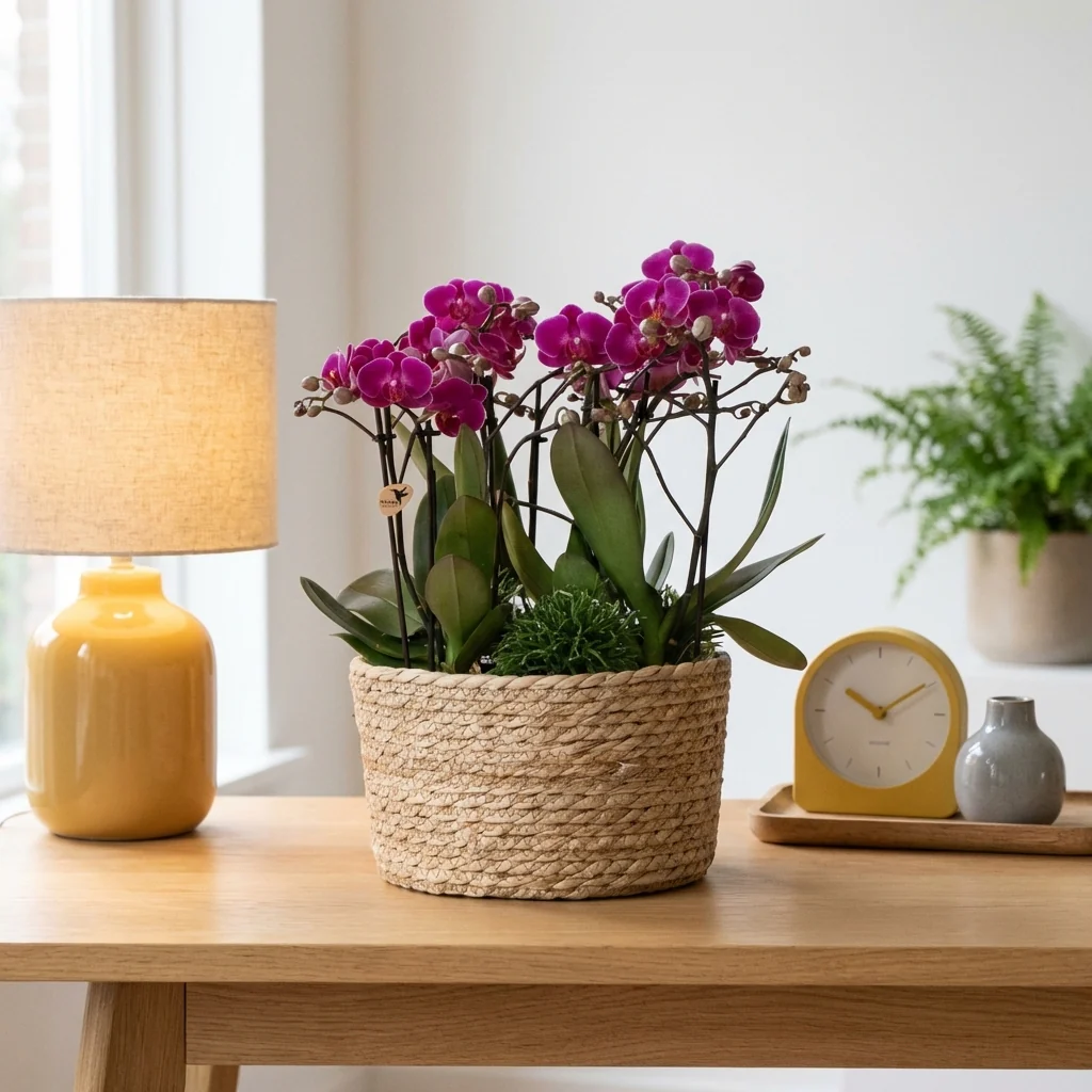 Plante D'Intérieur - Set De 3 Orchidées Violettes Dans Un Panier En Roseau Avec Réservoir D'Eau