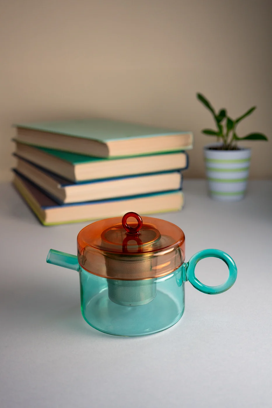 Théière En Verre Borosilicate Avec Poignée Colorée - Rouge Et Bleue Claire - Image 3