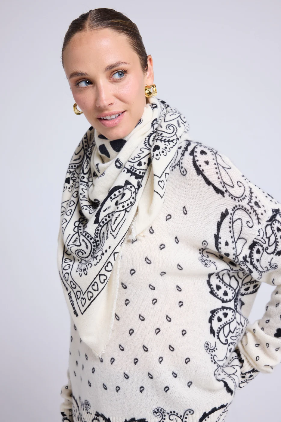 Echarpe Bandana Unisexe 90*90 En Cachemire - Blanc Noir - Image 6