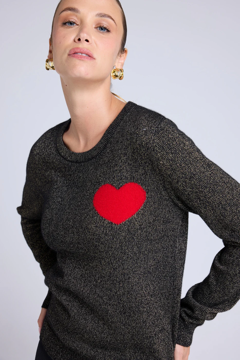 Pull Col Rond Lurex Cœur Cherry - Noir Doré Rouge