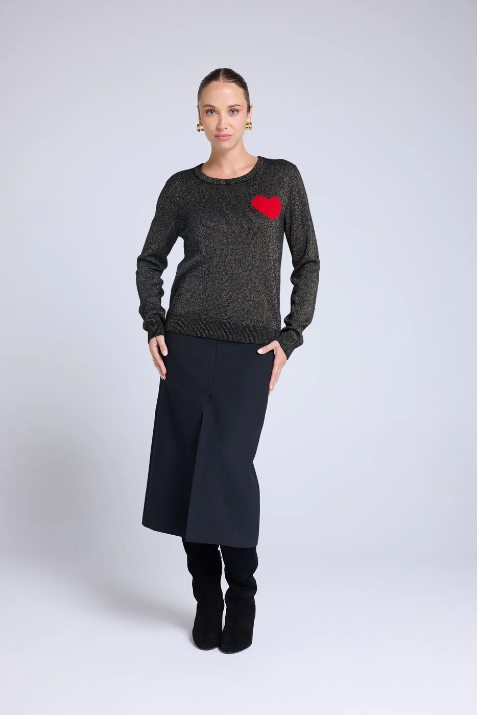 Pull Col Rond Lurex Cœur Cherry - Noir Doré Rouge - Image 2