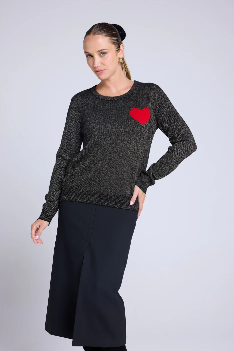 Pull Col Rond Lurex Cœur Cherry - Noir Doré Rouge - Image 3