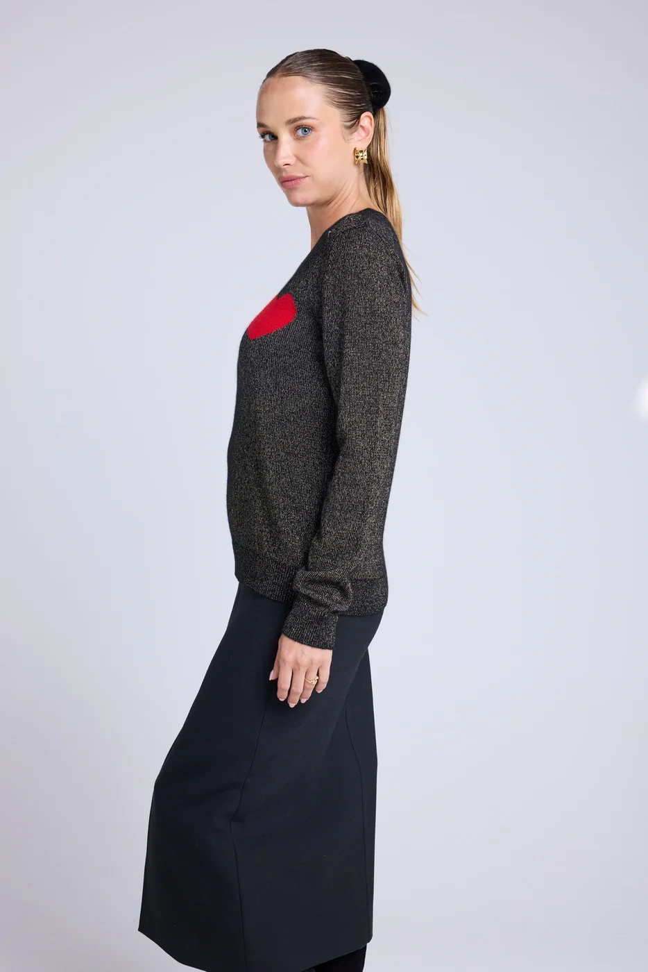 Pull Col Rond Lurex Cœur Cherry - Noir Doré Rouge - Image 4