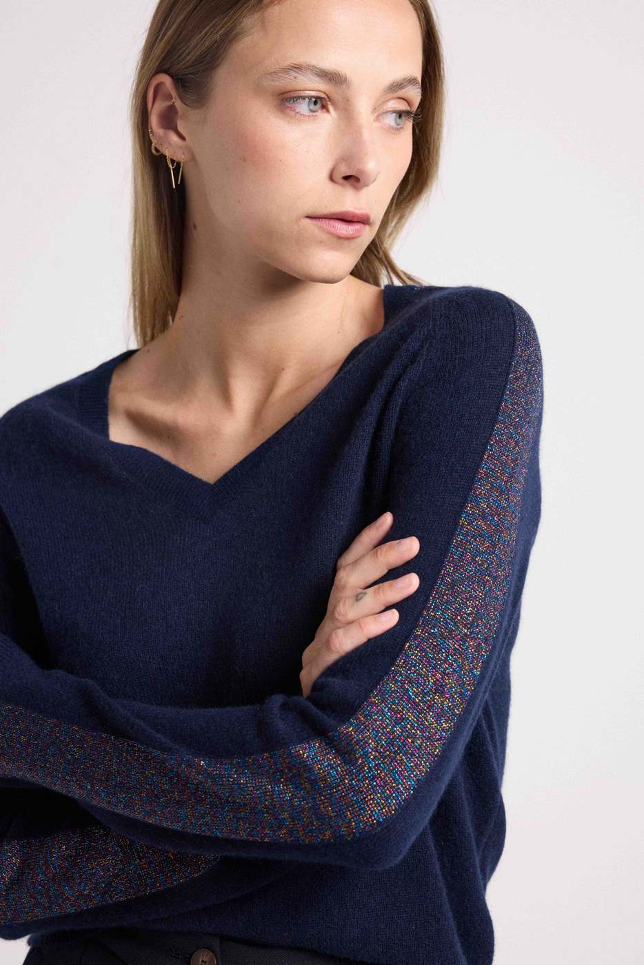 Pull Col V Bandes Lurex Rose Colette - Bleu Marine Lurex Pink - Image 10