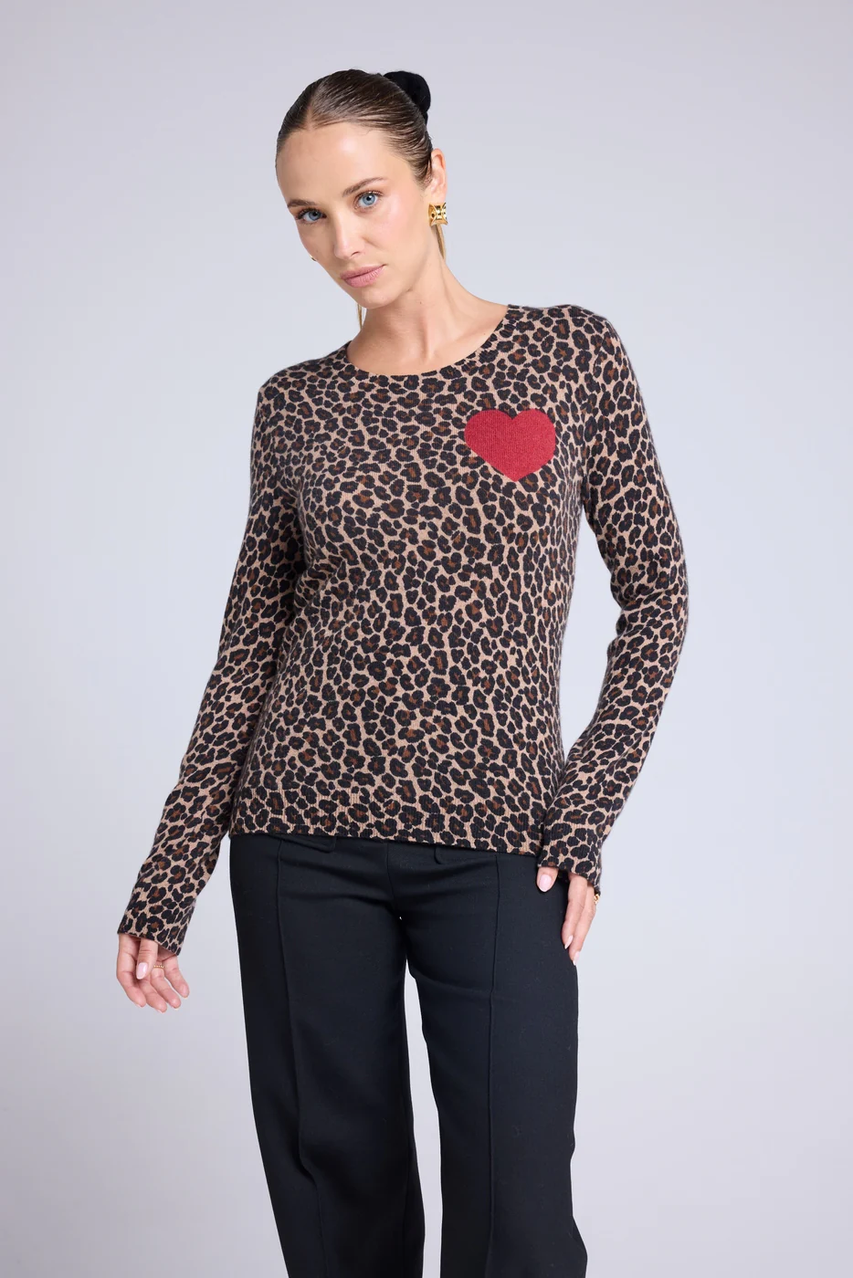 Pull Col Rond Print Leopard Cœur Rouge Letizia - Leopard Beige Rouge - Image 4