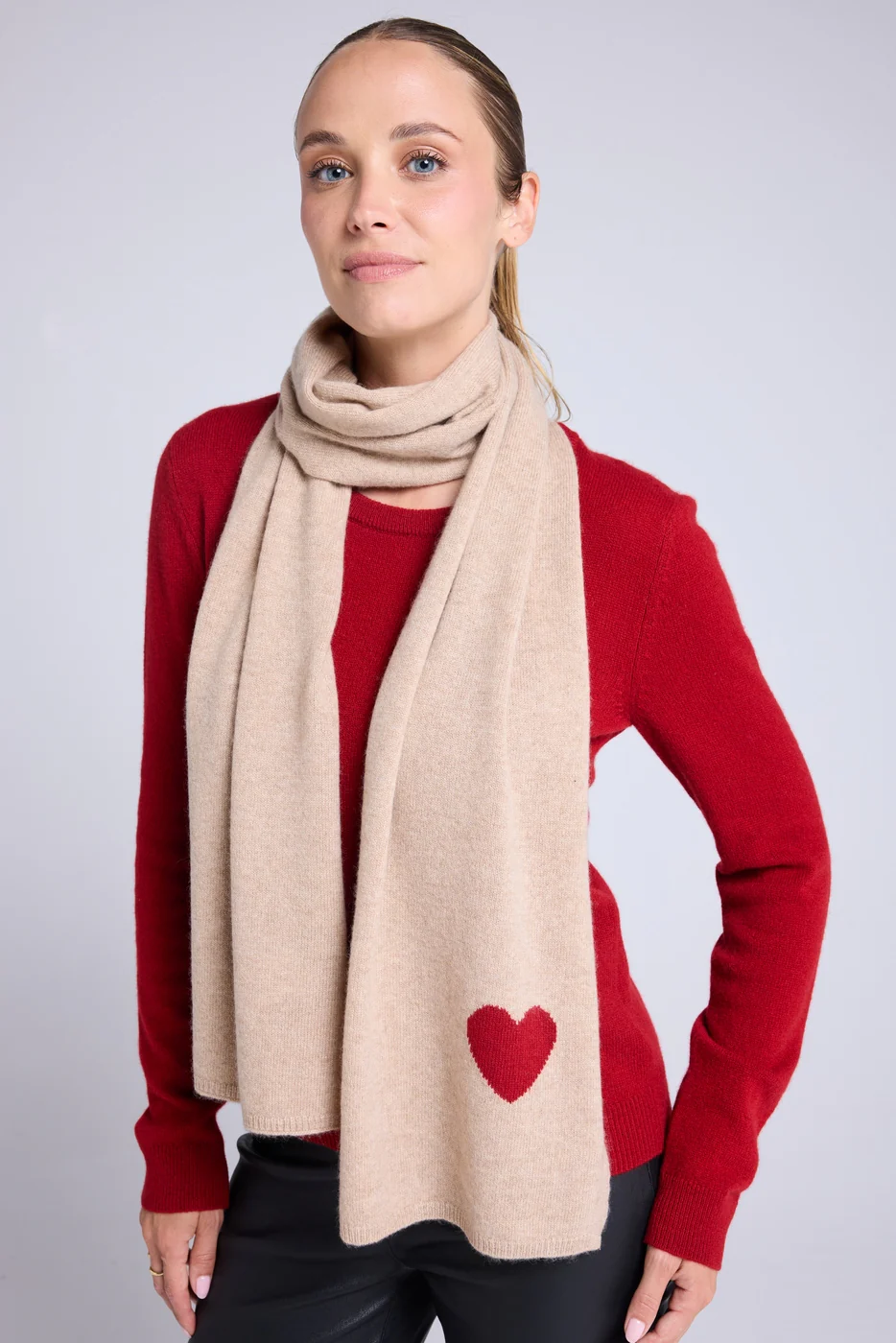 Echarpe Etole Unisexe Cœur En Cachemire - Beige Crème Rouge - Image 4
