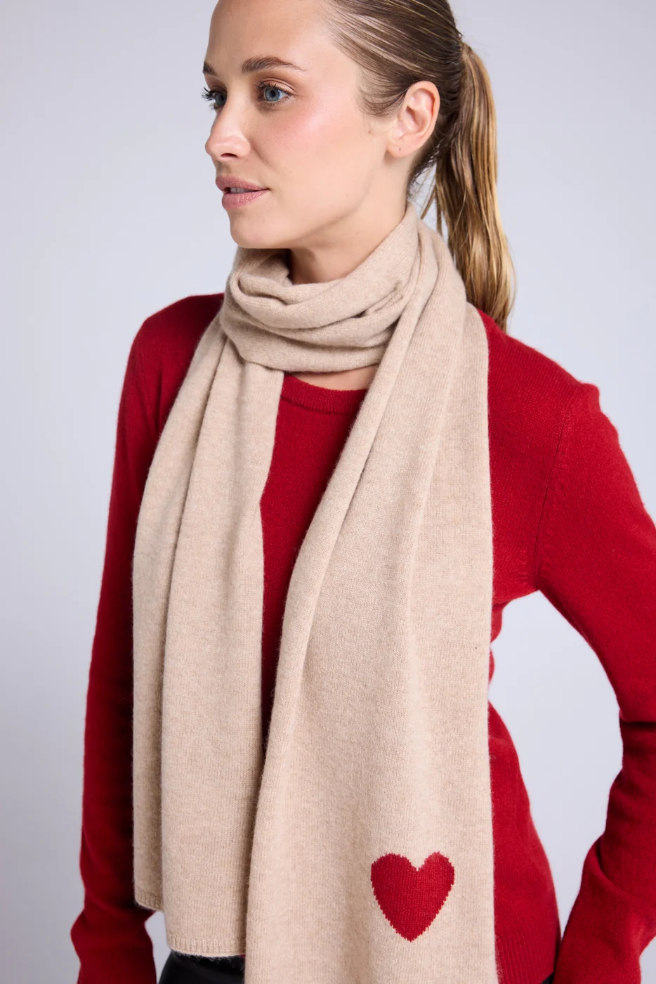 Echarpe Etole Unisexe Cœur En Cachemire - Beige Crème Rouge - Image 9