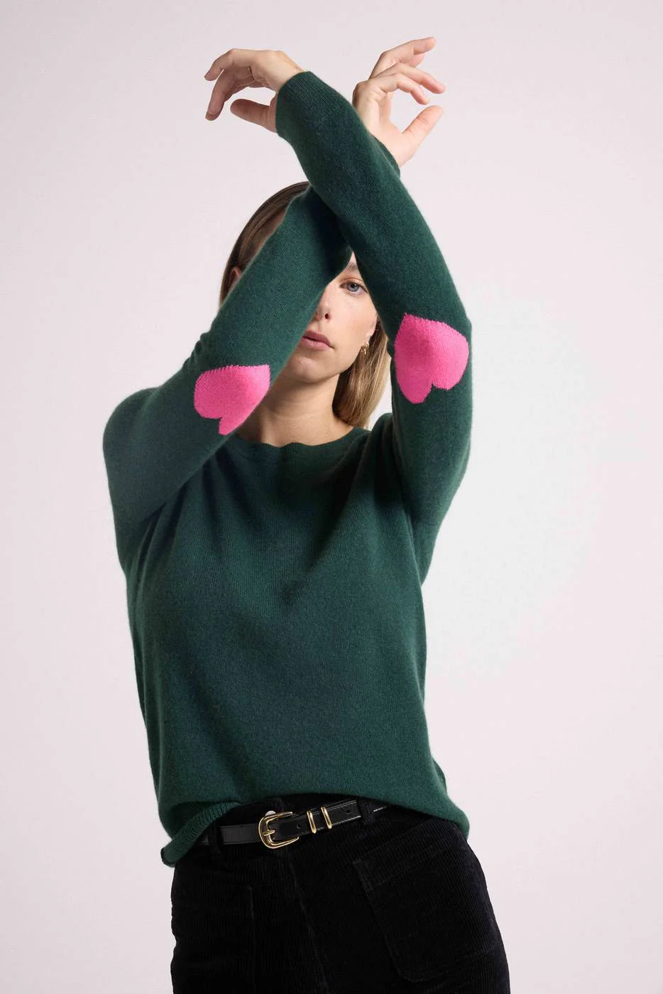 Pull Col Rond Coeur Coudes Zaime - Vert Bouteille Rose Fluo - Image 9