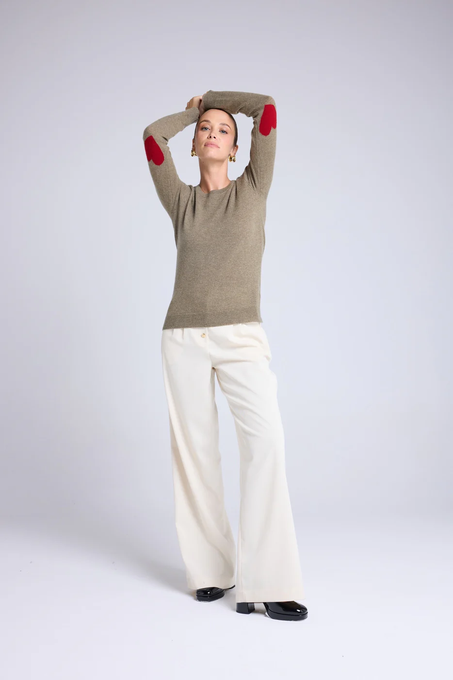 Pull Col Rond Coeur Coudes Zaime - Vert Khaki Rouge
