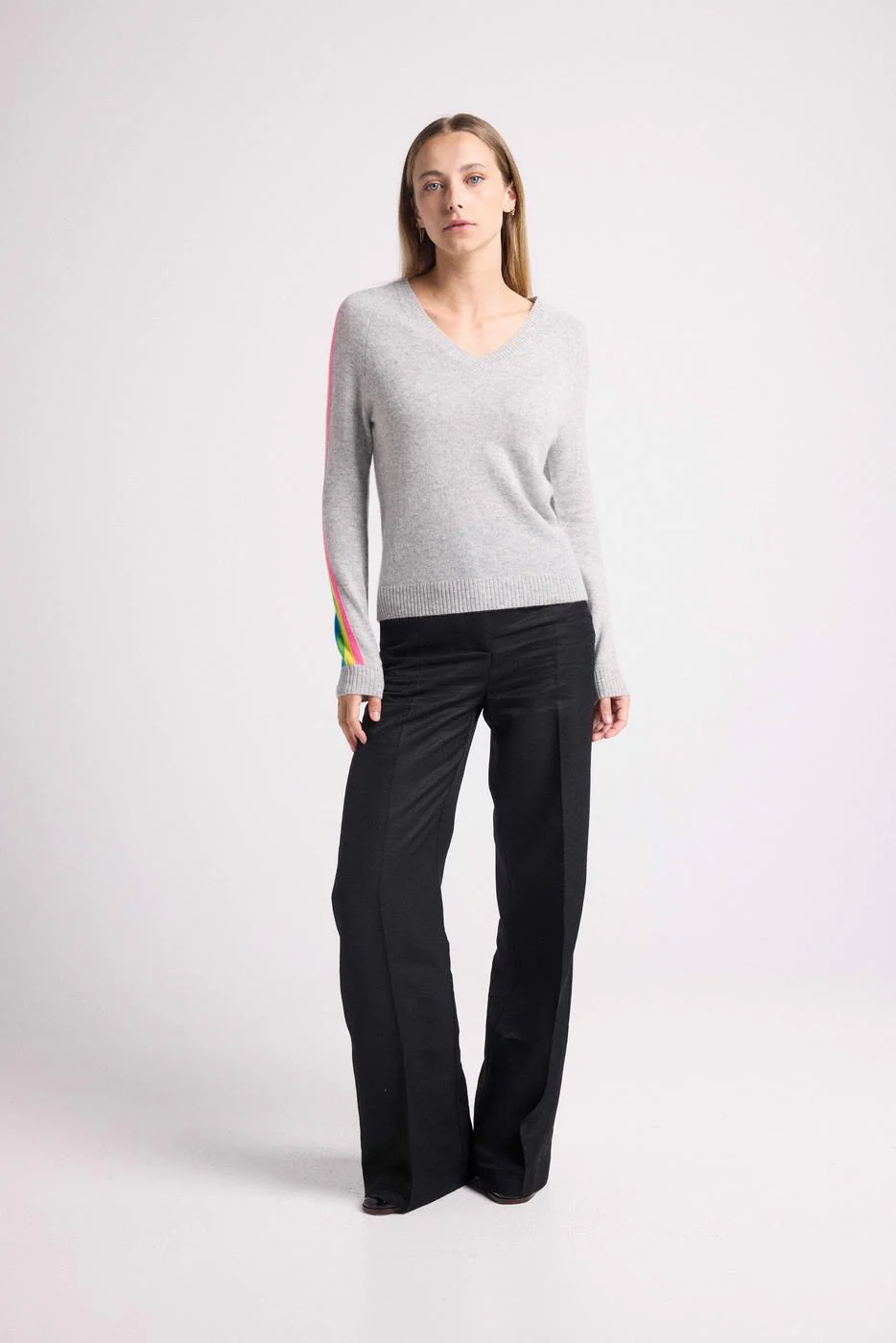 Pull Col V Bandes Arc En Ciel Manches Java - Gris Clair - Image 10