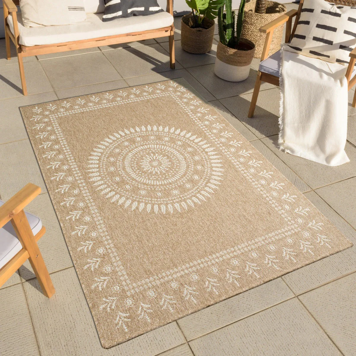 Tapis Nature Effet Jute Naturel - Motifs Orientaux Blancs - Image 3