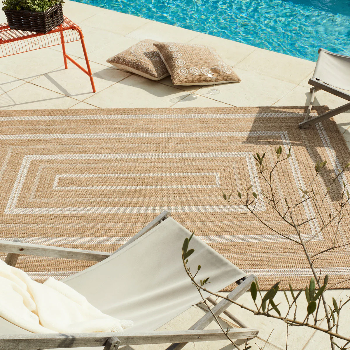Tapis Nature Effet Jute Naturel Avec - Motifs Rectangulaires Blancs