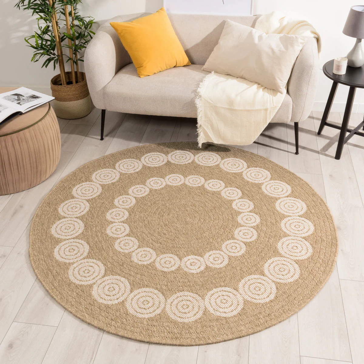 Tapis Nature Rond Aspect Jute Naturel - Motifs Géométriques Blancs